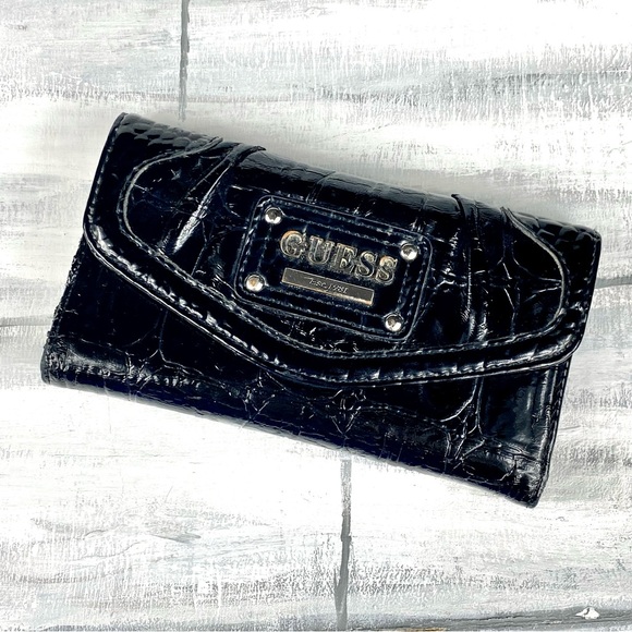 Guess Black Faux Leather Croc Embossed Long Wallet Card Holder Billfold Clutch - Picture 3 of 16